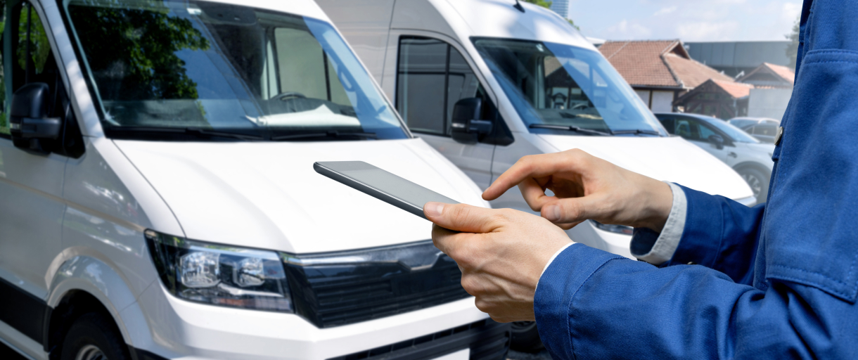 mechanic holding phone in front of fleet or vans